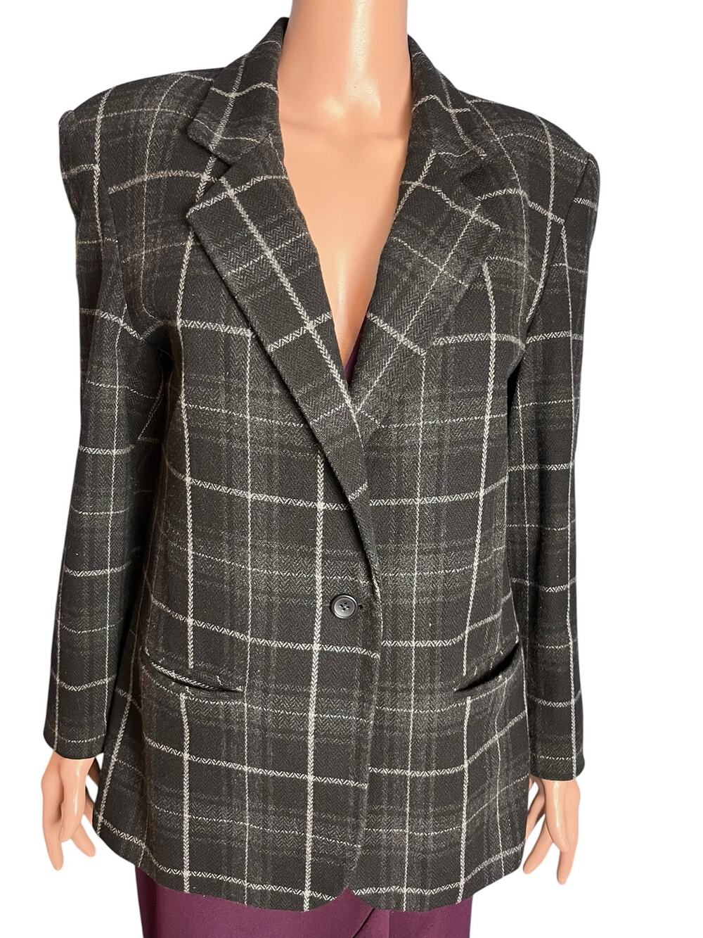 Vintage Sag Harbor Blazer Womens 10 Wool Windowpane Plaid Charcoal Jacket